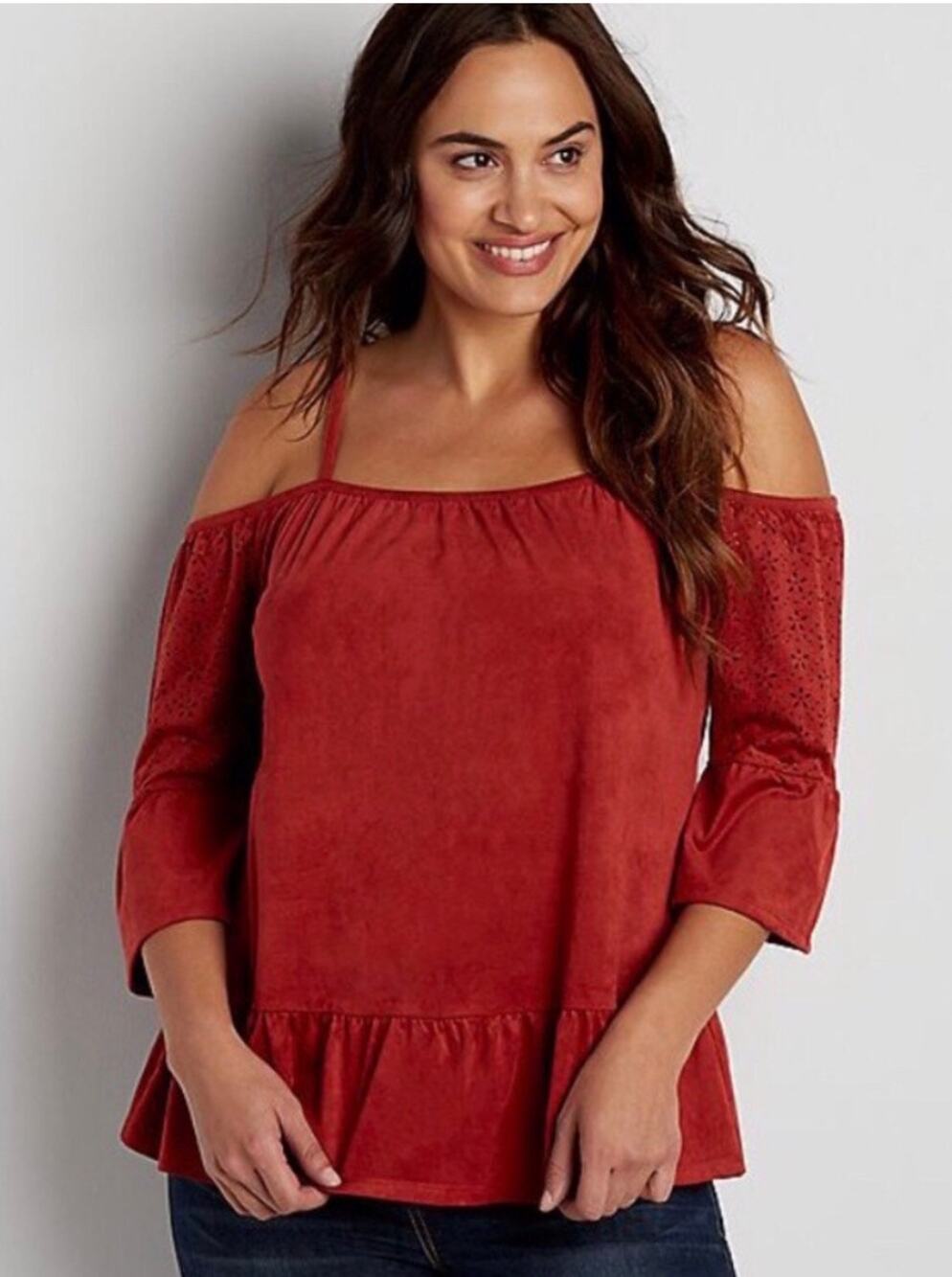 Red Off Shoulder Peplum Top Eyelet Sleeve Boho Maurice’s Size Small